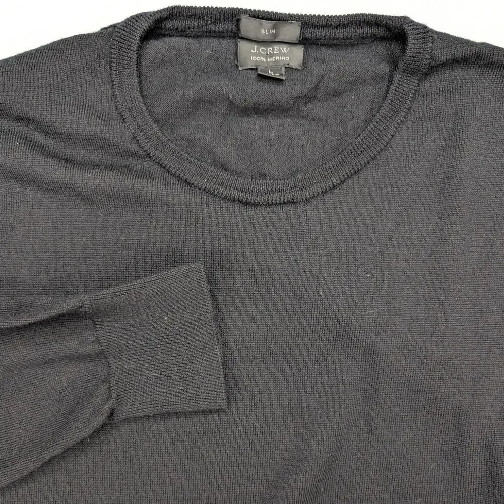 JCrew Merino Wool Mens Sweater Large Black Slim Fit Lightweight Soft‎ Warm